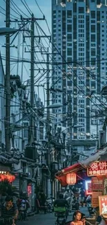 Urban street scene with skyscraper backdrop, vibrant and bustling with life.