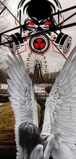 Surreal urban angel with wings and gas mask in an abandoned park.