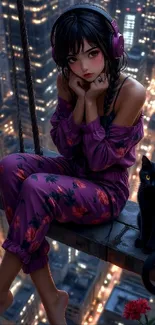 Anime girl with headphones sits over cityscape at night.