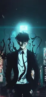 Anime character in urban night scene with neon lights.