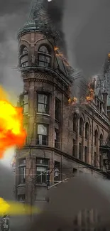 Burning urban building with explosions and smoke in dramatic wallpaper.