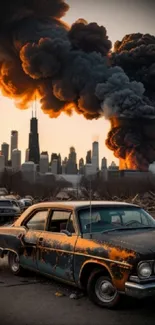 Abandoned car with smoking city skyline in urban scene.