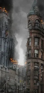 Apocalyptic cityscape with fiery buildings and smoke.