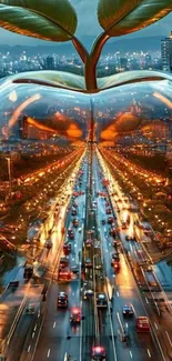 Surreal apple-shaped cityscape with vibrant lights and traffic.