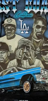 Retro hip hop wallpaper with iconic figures and blue car.