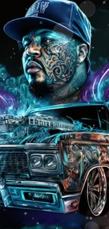 Vibrant tattooed artist with urban vehicle art.