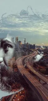 Double exposure urban cityscape and artistic portrait wallpaper.