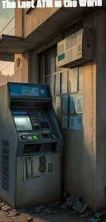 Moody urban street with a vintage ATM at sunset.