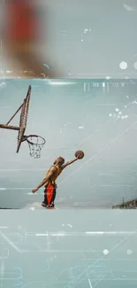 An athlete performing a slam dunk with a futuristic background on an outdoor court.