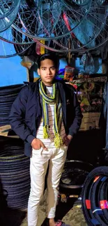 Young man in bike shop with vibrant wheels.