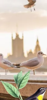 Birds perched with city skyline backdrop in soothing evening light.