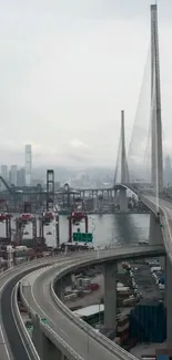 Urban bridge and port cityscape wallpaper with towering skyscrapers.
