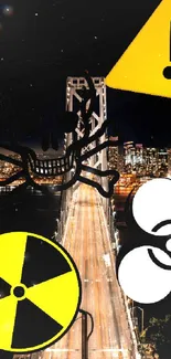 Night bridge with yellow warning icons and cityscape view.