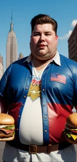 Man holding burgers in NYC with Empire State Building.