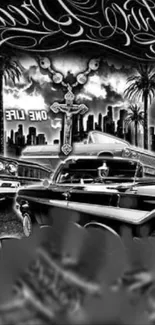 Monochrome urban wallpaper with classic cars and city skyline.