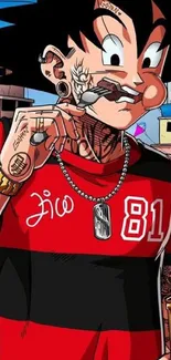 Urban tattooed cartoon character with a red shirt and vibrant street art elements.