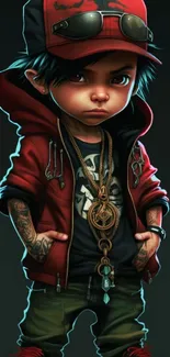 Stylish cartoon character in urban streetwear with red accents.