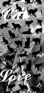 Monochrome cat-themed wallpaper with cityscape background.