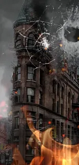 Historic building with shattered glass and fire effects in urban chaos scene.