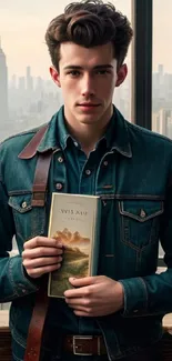 Young man with book in urban skyline setting.