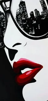 Stylish woman with city skyline sunglasses and red lips wallpaper.