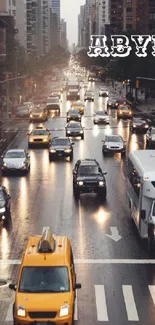 Bustling city traffic with taxis on a rainy street.