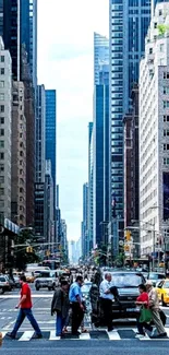 Bustling city street with skyscrapers and traffic in vibrant colors.