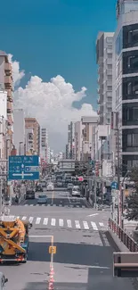 Bustling urban street scene with blue sky and skyscrapers.