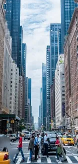 Urban city street view with skyscrapers and pedestrians.