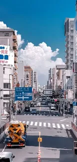 Urban street with blue sky and city buildings