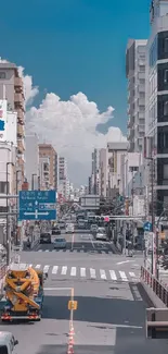Urban cityscape with blue sky and modern buildings in daylight.