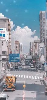 Urban cityscape with blue sky and buildings in the background.