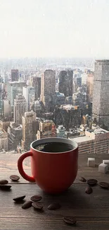 Coffee mug with city skyline view wallpaper.