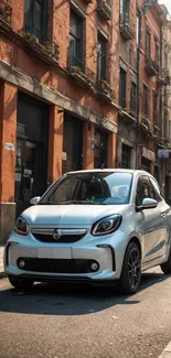 Sleek compact car on a bustling city street.