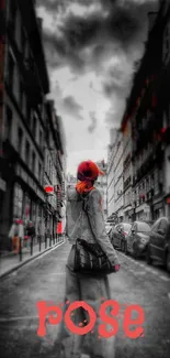 Urban street scene with red highlights and a focus on a red-haired figure.