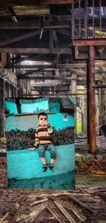 Child with teal background in an urban setting.