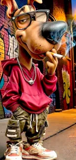 Cartoon dog smoking in urban graffiti setting.