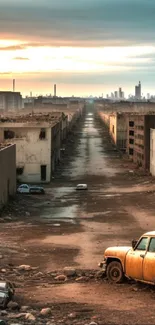 Abandoned urban cityscape at sunset with empty road and old car.