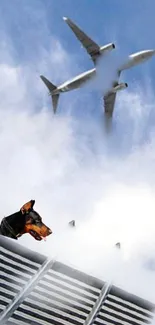 Doberman on skyscraper with airplane above in cloudy sky.