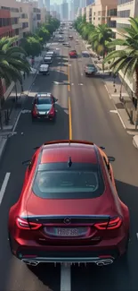 Red car driving through a palm-lined urban street.