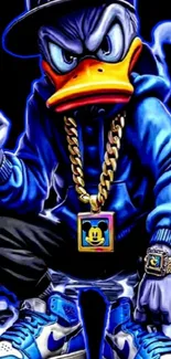 Edgy urban duck character in blue hoodie, gold chain.