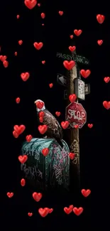 Eagle perched on urban graffiti with black background.