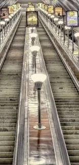 Illuminated escalator at night with vibrant city lights.