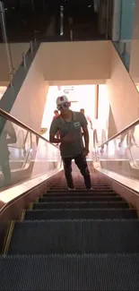 Man standing on escalator in urban setting.