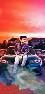 Stylish individual sitting on a car under a vibrant sunset sky.