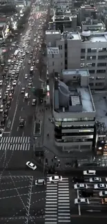 Evening urban cityscape with busy traffic.