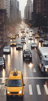 Busy city street with evening traffic and urban lights.