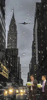 Rain-soaked cityscape with skyscrapers, plane, and bustling street.