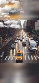 Urban traffic under a cloudy evening sky.