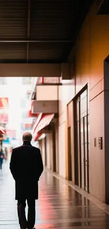 Man walking down illuminated urban street at dusk.